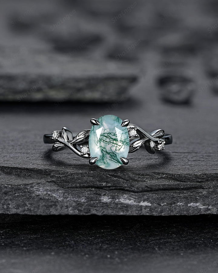 Gothic Oval Shape Moss Agate Engagement Ring, Black Rhodium Leaf Vine Promise Ring, Punk Dark Wedding Ring, Black Gold Twig Branch - ShainJewelry