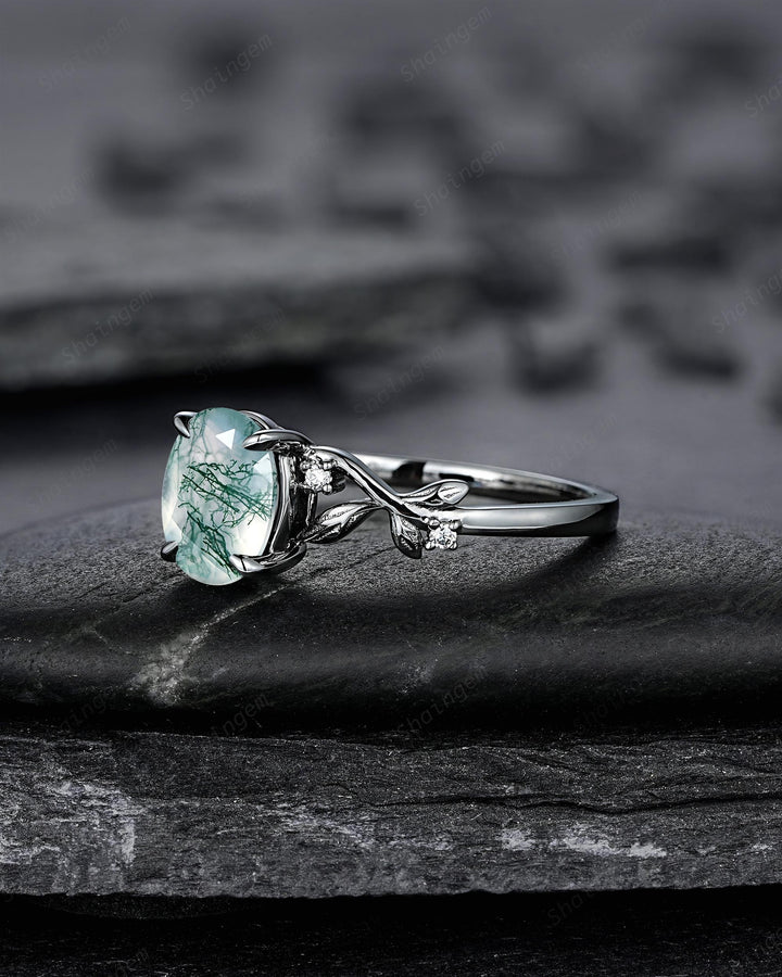 Gothic Oval Shape Moss Agate Engagement Ring, Black Rhodium Leaf Vine Promise Ring, Punk Dark Wedding Ring, Black Gold Twig Branch - ShainJewelry