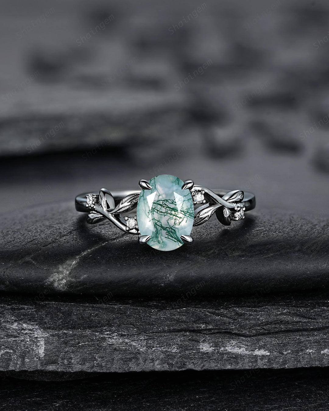 Gothic Oval Shape Moss Agate Engagement Ring, Black Rhodium Leaf Vine Promise Ring, Punk Dark Wedding Ring, Black Gold Twig Branch - ShainJewelry