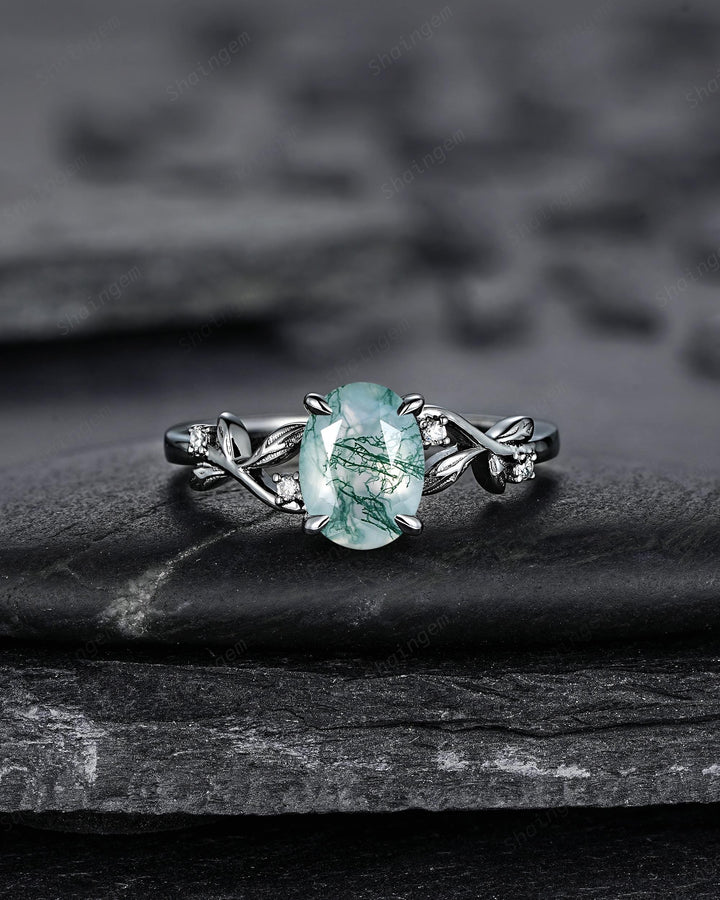 Gothic Oval Shape Moss Agate Engagement Ring, Black Rhodium Leaf Vine Promise Ring, Punk Dark Wedding Ring, Black Gold Twig Branch - ShainJewelry