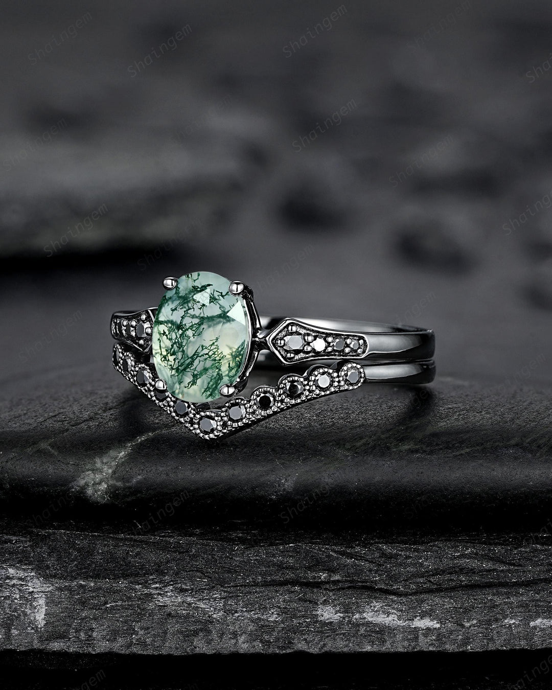Oval Shape Moss Agate Engagement Ring Set, Gothic Black Rhodium Milgrain Promise Ring, Punk Wedding Ring, Black Gold Rings, V Shape Curved - ShainJewelry