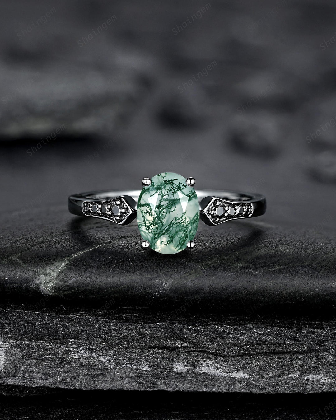Oval Shape Moss Agate Engagement Ring Set, Gothic Black Rhodium Milgrain Promise Ring, Punk Wedding Ring, Black Gold Rings, V Shape Curved - ShainJewelry
