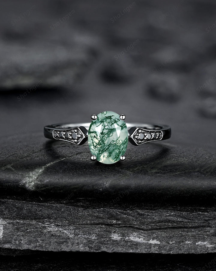 Oval Shape Moss Agate Engagement Ring Set, Gothic Black Rhodium Milgrain Promise Ring, Punk Wedding Ring, Black Gold Rings, V Shape Curved - ShainJewelry