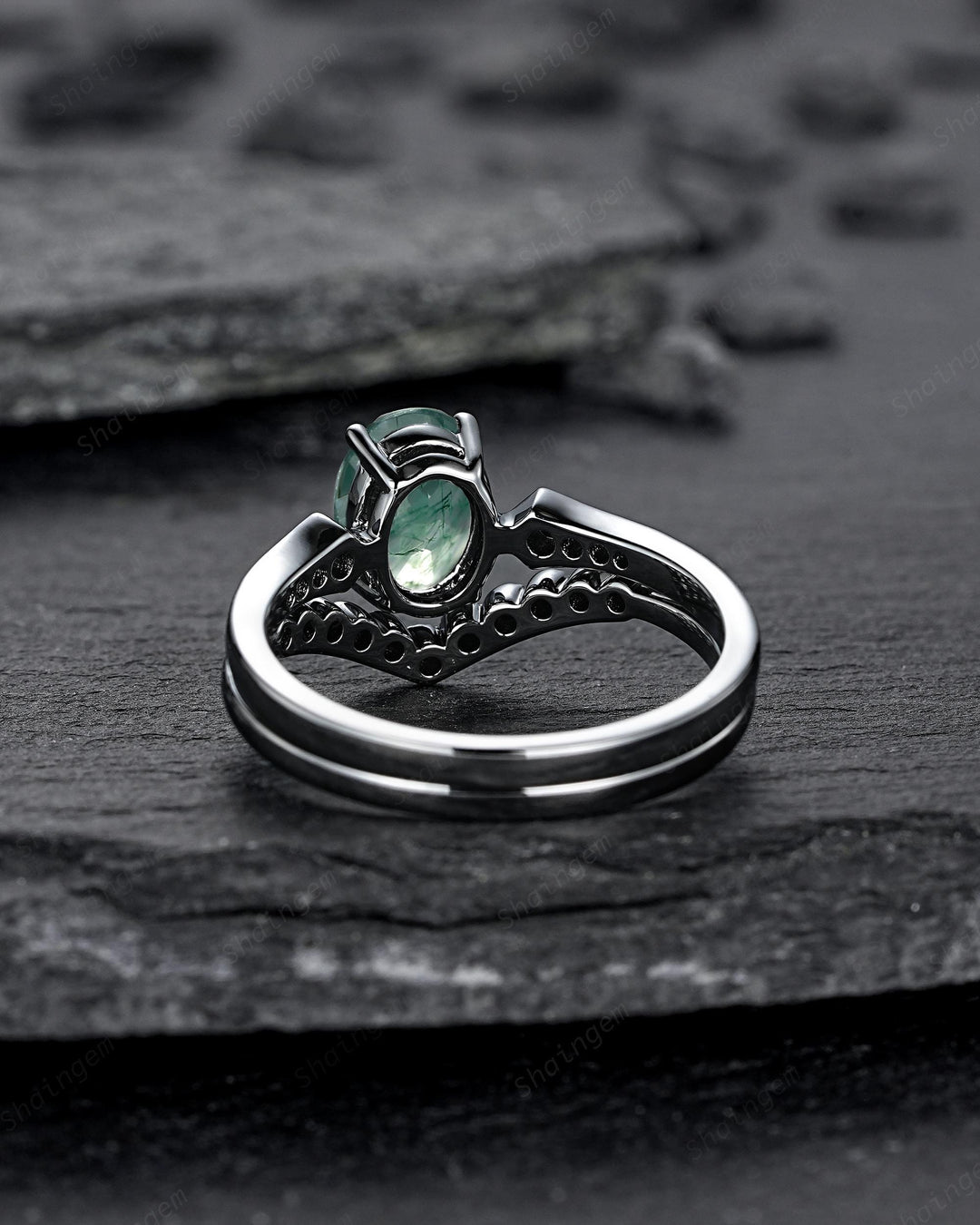 Oval Shape Moss Agate Engagement Ring Set, Gothic Black Rhodium Milgrain Promise Ring, Punk Wedding Ring, Black Gold Rings, V Shape Curved - ShainJewelry
