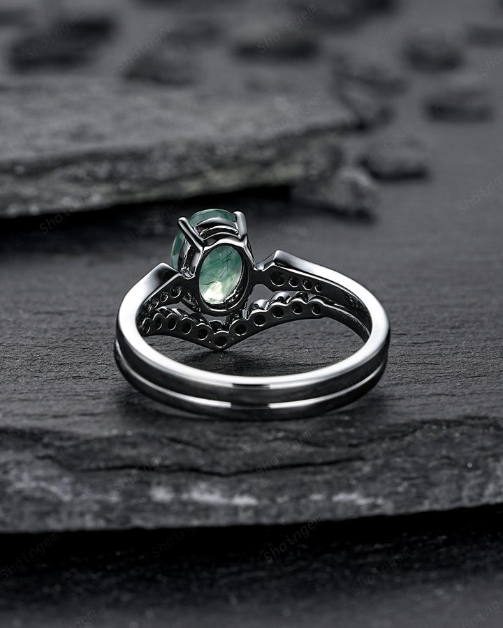 Oval Shape Moss Agate Engagement Ring Set, Gothic Black Rhodium Milgrain Promise Ring, Punk Wedding Ring, Black Gold Rings, V Shape Curved - ShainJewelry