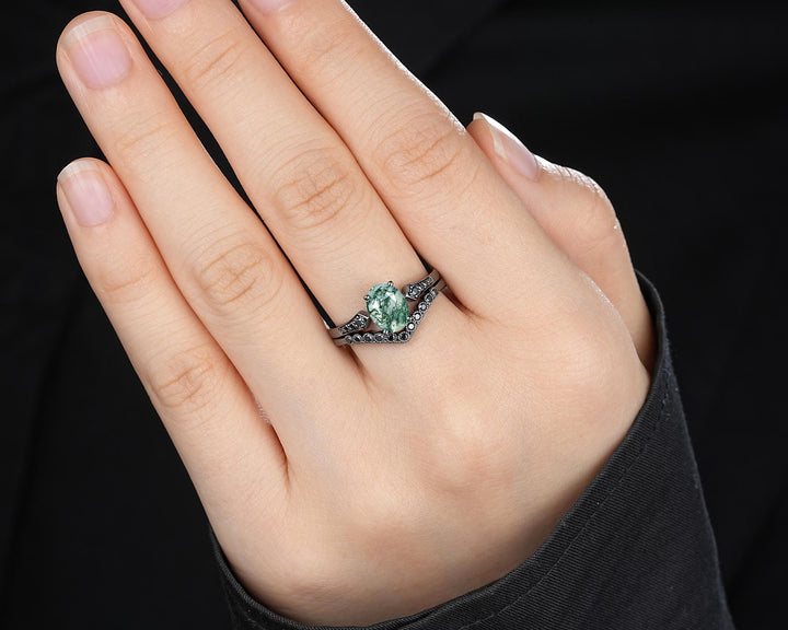 Oval Shape Moss Agate Engagement Ring Set, Gothic Black Rhodium Milgrain Promise Ring, Punk Wedding Ring, Black Gold Rings, V Shape Curved - ShainJewelry