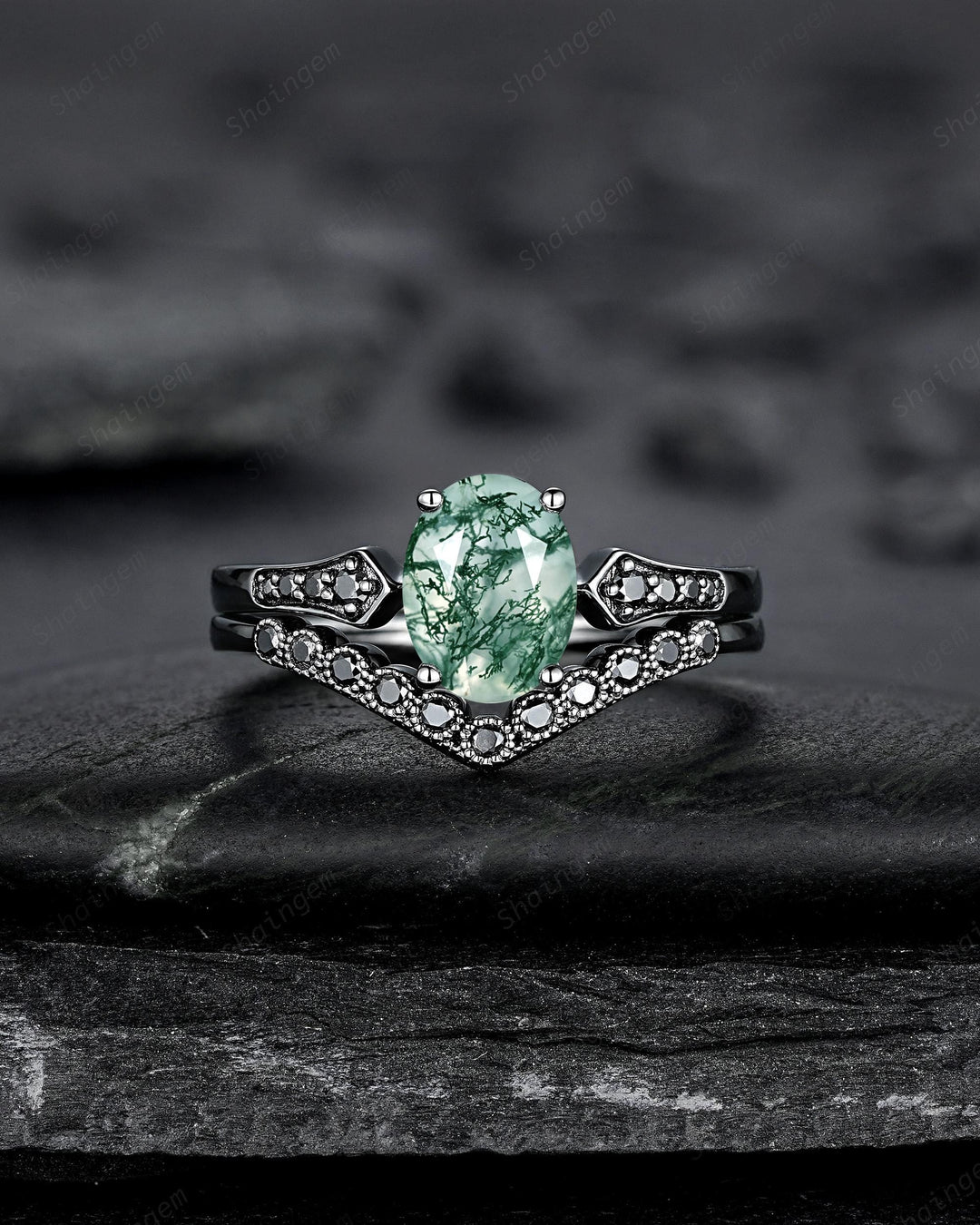 Oval Shape Moss Agate Engagement Ring Set, Gothic Black Rhodium Milgrain Promise Ring, Punk Wedding Ring, Black Gold Rings, V Shape Curved - ShainJewelry
