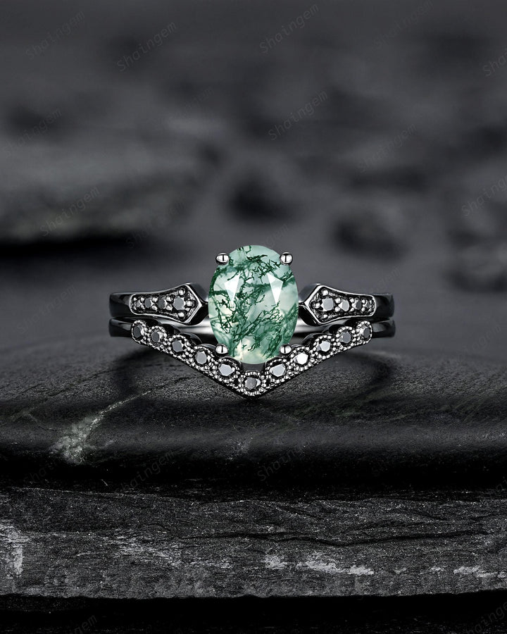 Oval Shape Moss Agate Engagement Ring Set, Gothic Black Rhodium Milgrain Promise Ring, Punk Wedding Ring, Black Gold Rings, V Shape Curved - ShainJewelry
