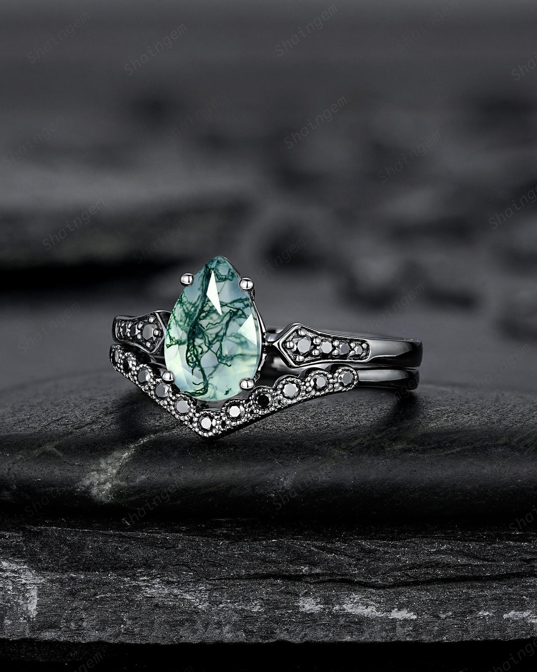 Pear Shape Moss Agate Engagement Ring Set, Gothic Black Rhodium Milgrain Promise Ring, Punk Wedding Ring, Black Gold Rings, V Shape Curved - ShainJewelry