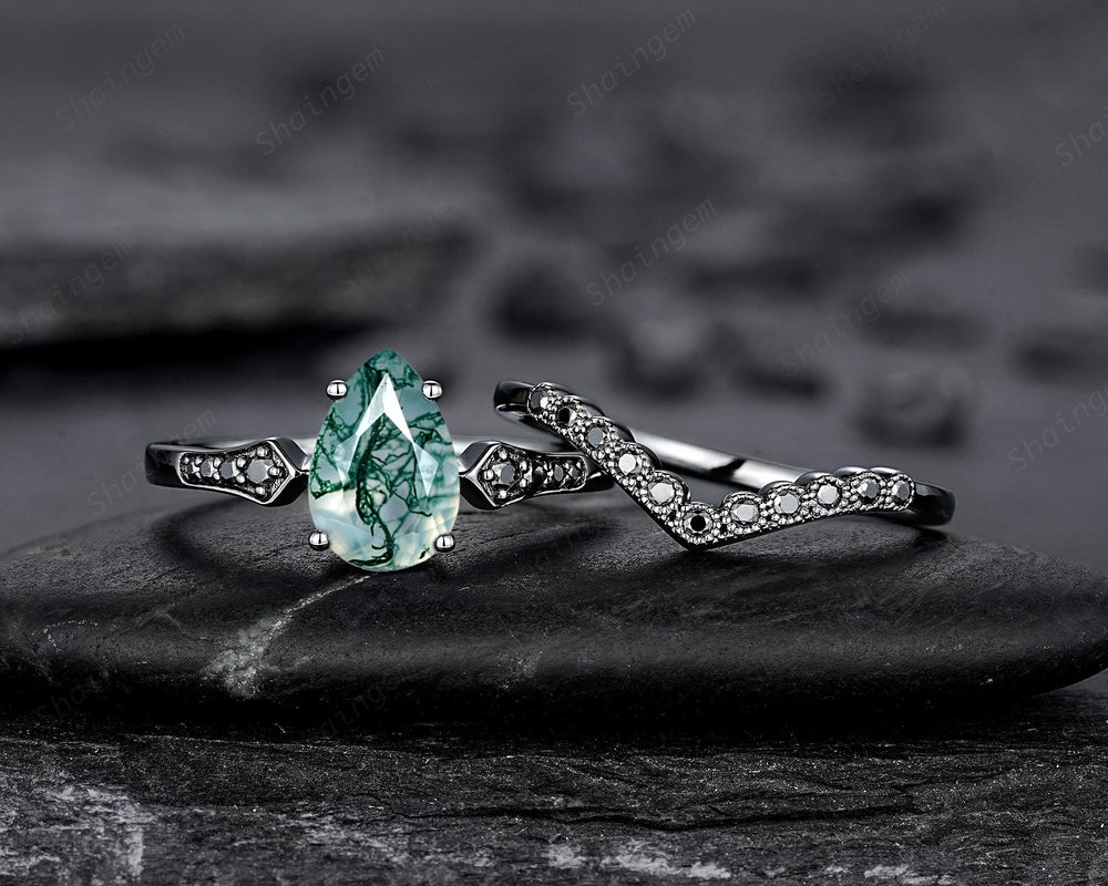 Pear Shape Moss Agate Engagement Ring Set, Gothic Black Rhodium Milgrain Promise Ring, Punk Wedding Ring, Black Gold Rings, V Shape Curved - ShainJewelry