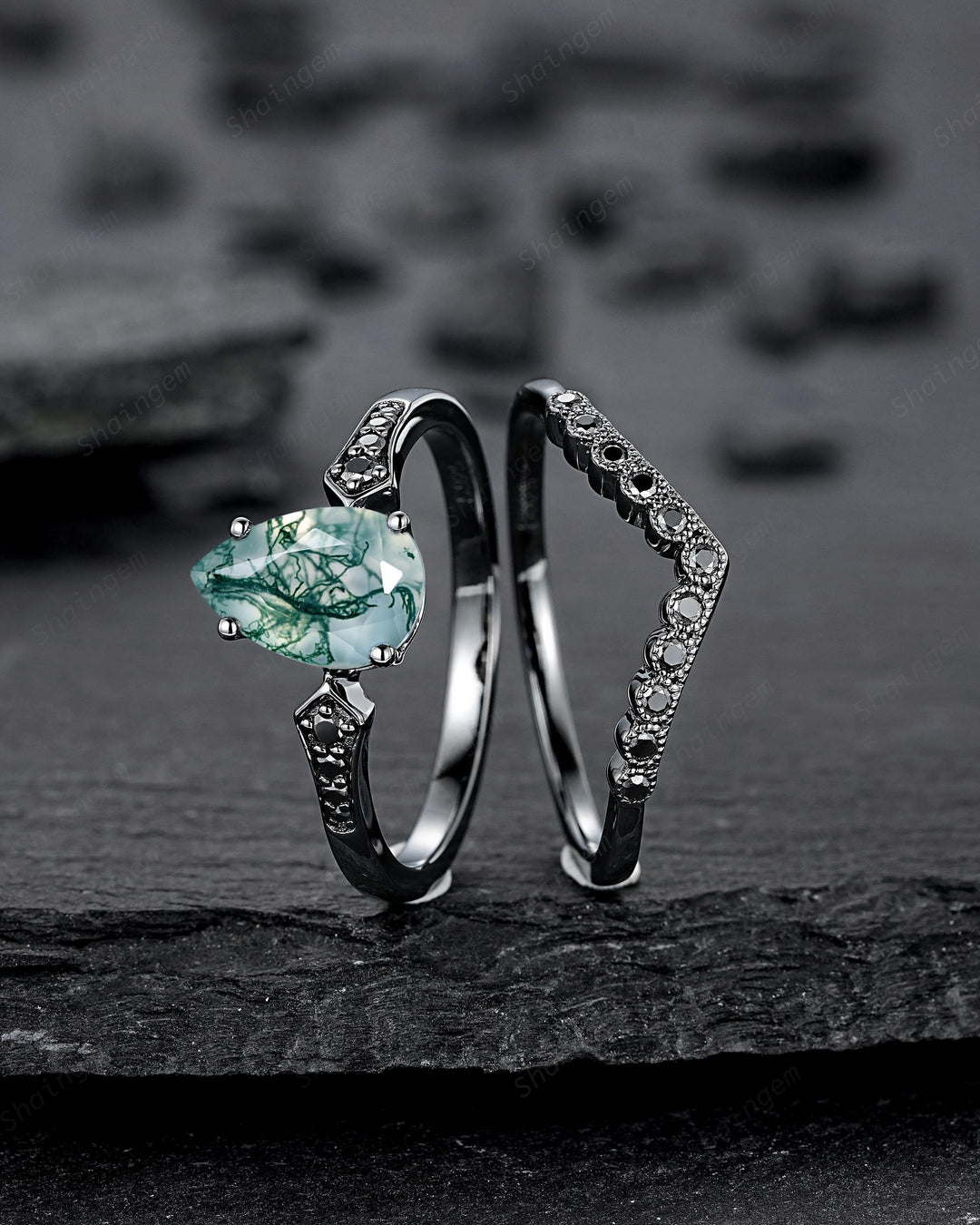 Pear Shape Moss Agate Engagement Ring Set, Gothic Black Rhodium Milgrain Promise Ring, Punk Wedding Ring, Black Gold Rings, V Shape Curved - ShainJewelry