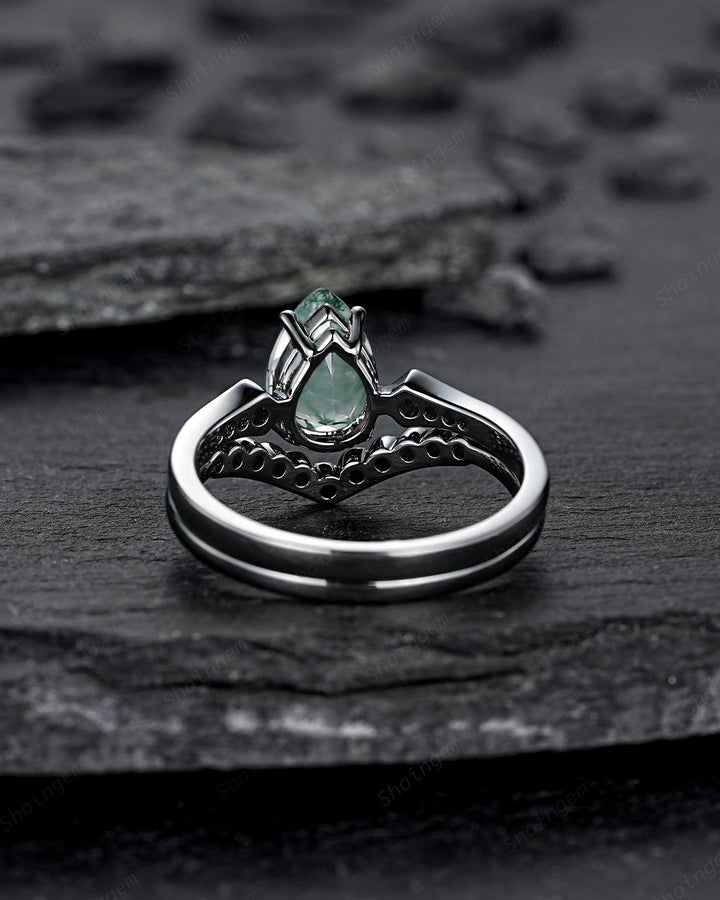 Pear Shape Moss Agate Engagement Ring Set, Gothic Black Rhodium Milgrain Promise Ring, Punk Wedding Ring, Black Gold Rings, V Shape Curved - ShainJewelry