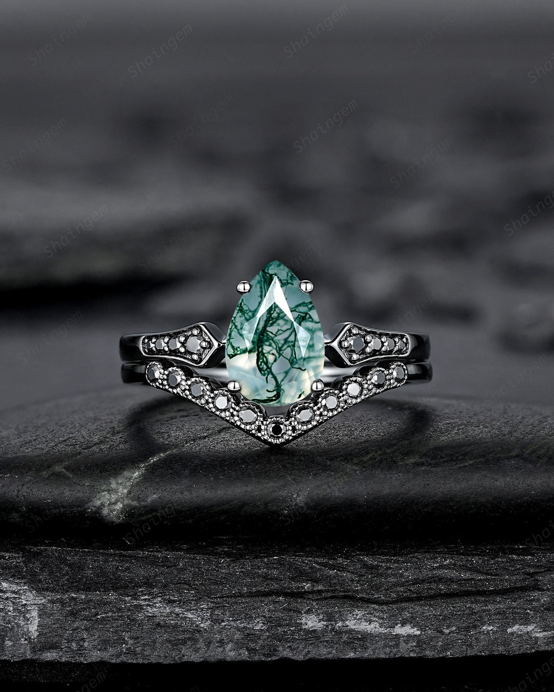 Pear Shape Moss Agate Engagement Ring Set, Gothic Black Rhodium Milgrain Promise Ring, Punk Wedding Ring, Black Gold Rings, V Shape Curved - ShainJewelry
