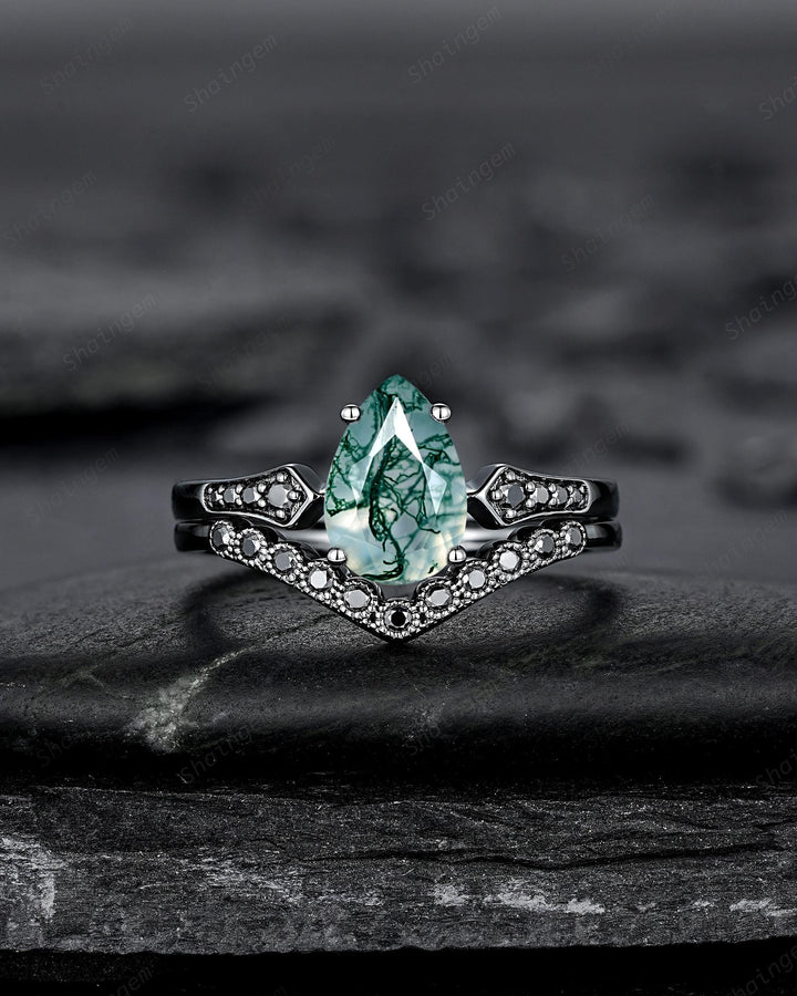 Pear Shape Moss Agate Engagement Ring Set, Gothic Black Rhodium Milgrain Promise Ring, Punk Wedding Ring, Black Gold Rings, V Shape Curved - ShainJewelry