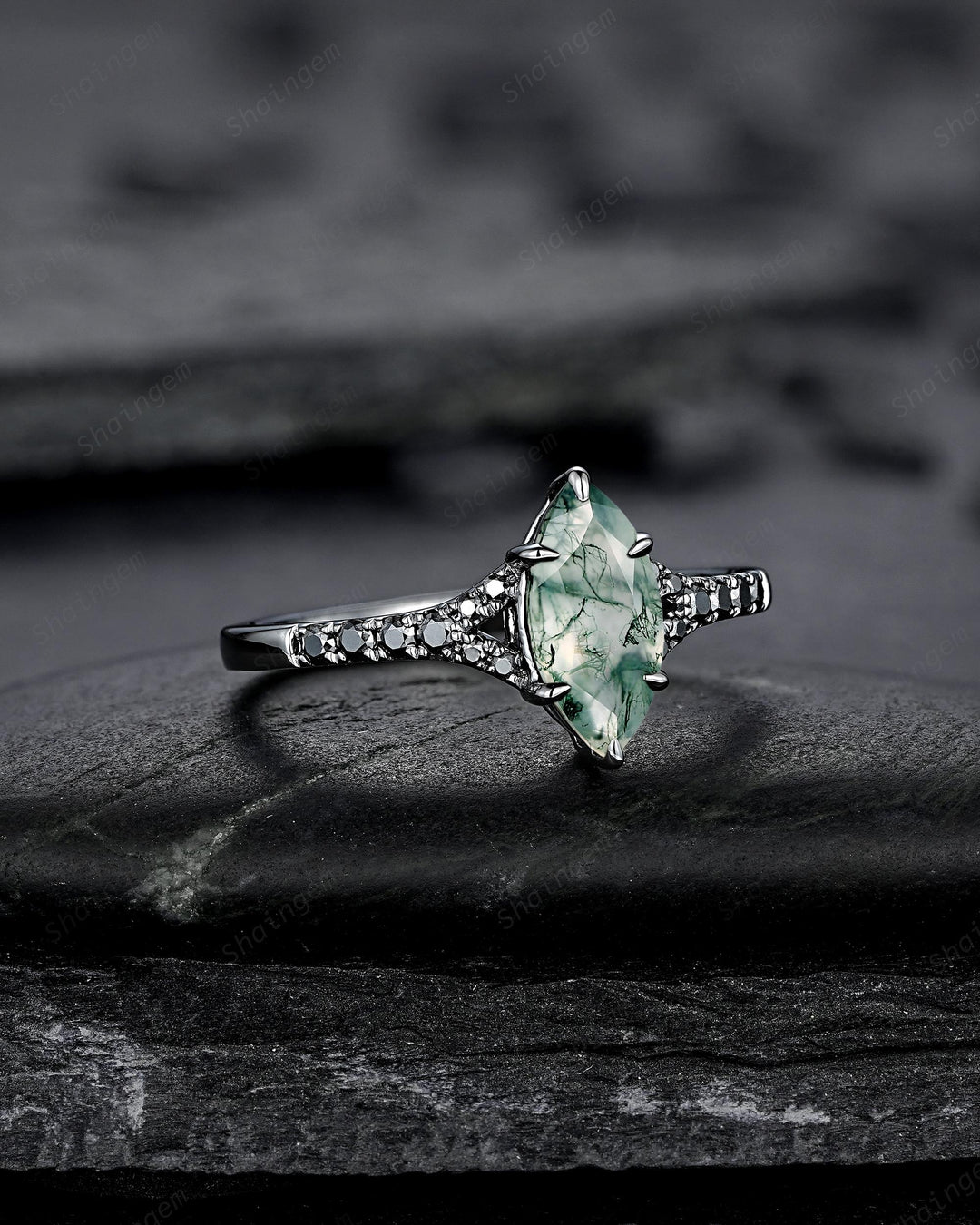 Gothic Marquise Cut Moss Agate Engagement Ring, Black Rhodium Promise Ring, Dark Wedding Ring, Half Eternity Black Gold Ring, Split Shank - ShainJewelry
