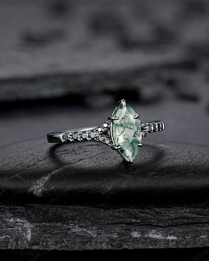 Gothic Marquise Cut Moss Agate Engagement Ring, Black Rhodium Promise Ring, Dark Wedding Ring, Half Eternity Black Gold Ring, Split Shank - ShainJewelry