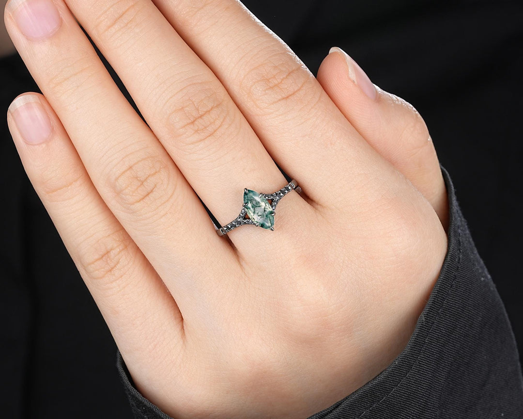 Gothic Marquise Cut Moss Agate Engagement Ring, Black Rhodium Promise Ring, Dark Wedding Ring, Half Eternity Black Gold Ring, Split Shank - ShainJewelry