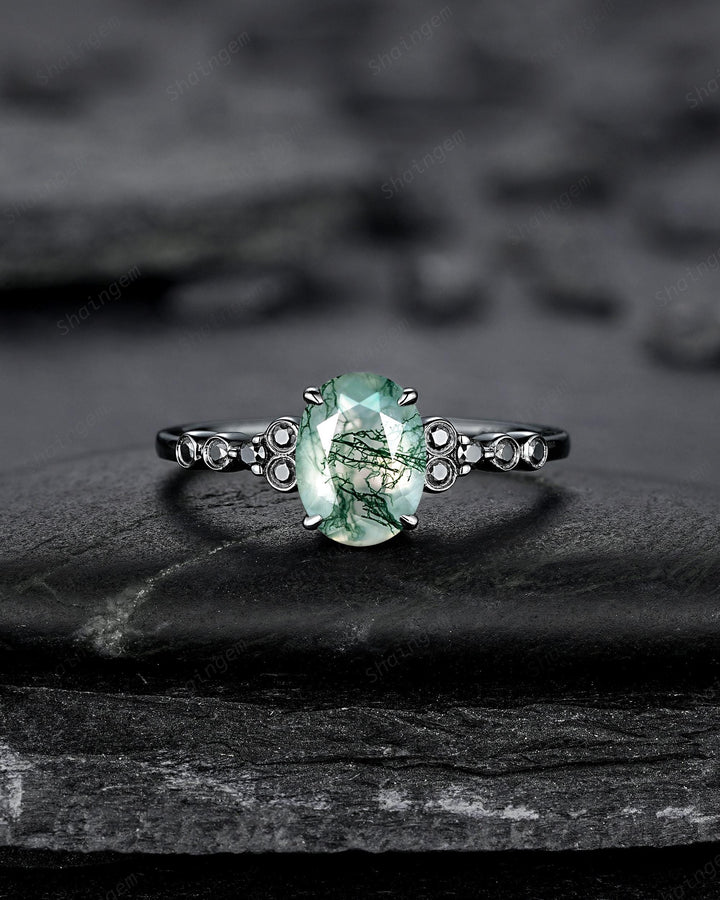 Gothic Oval Shape Moss Agate Engagement Ring Set, Black Rhodium Promise Ring, Punk Wedding Ring, Black Gold V Shape Curved Half Eternity - ShainJewelry
