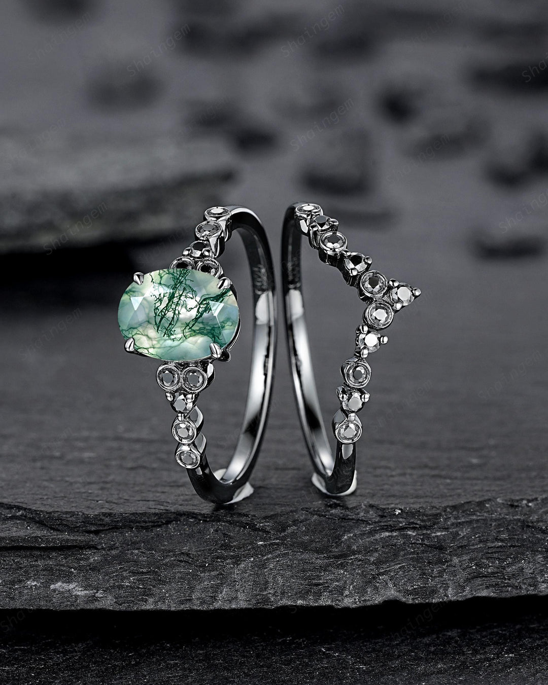 Gothic Oval Shape Moss Agate Engagement Ring Set, Black Rhodium Promise Ring, Punk Wedding Ring, Black Gold V Shape Curved Half Eternity - ShainJewelry