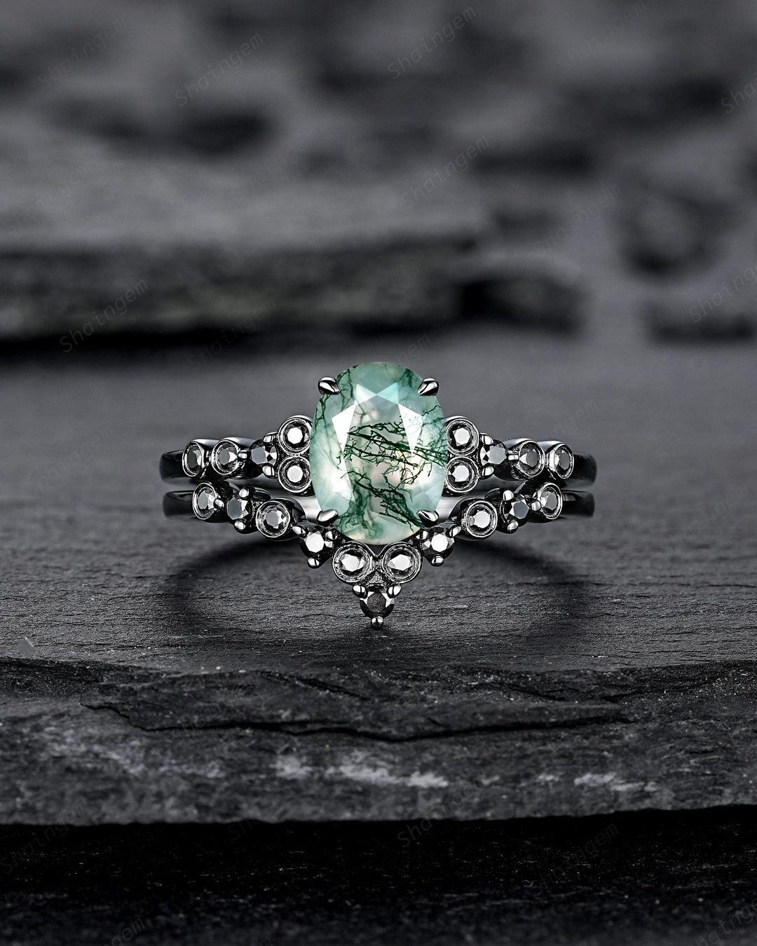 Gothic Oval Shape Moss Agate Engagement Ring Set, Black Rhodium Promise Ring, Punk Wedding Ring, Black Gold V Shape Curved Half Eternity - ShainJewelry