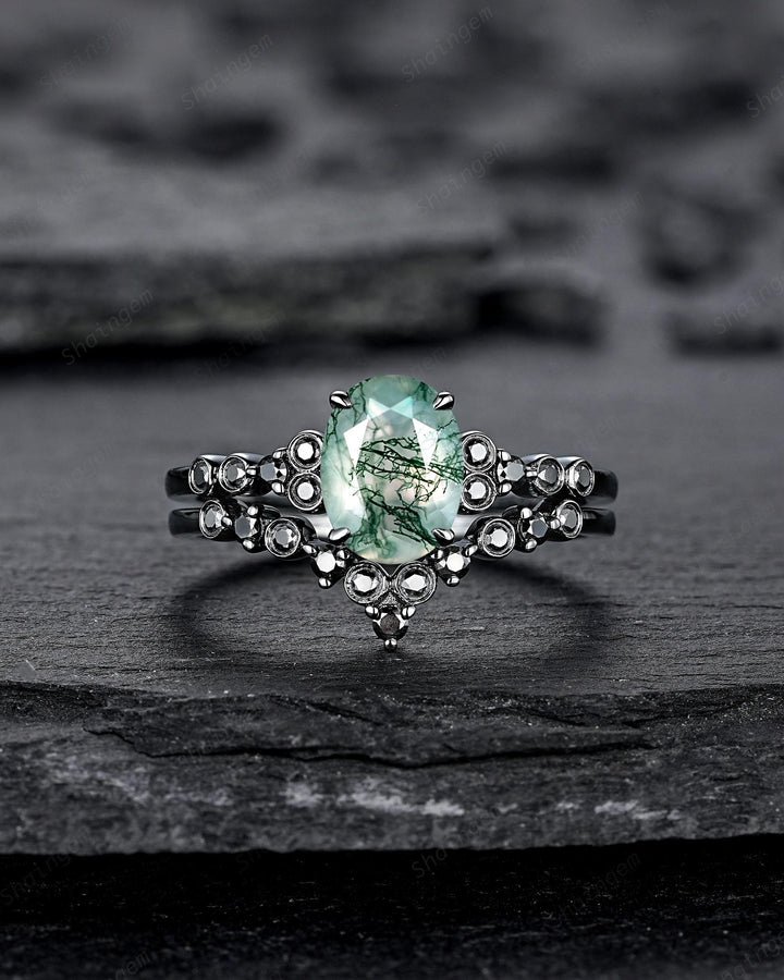 Gothic Oval Shape Moss Agate Engagement Ring Set, Black Rhodium Promise Ring, Punk Wedding Ring, Black Gold V Shape Curved Half Eternity - ShainJewelry