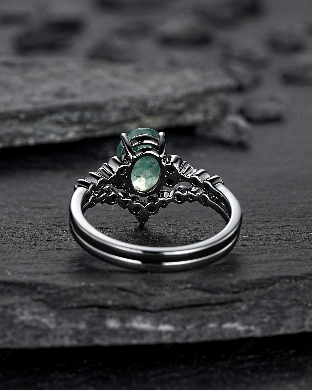 Gothic Oval Shape Moss Agate Engagement Ring Set, Black Rhodium Promise Ring, Punk Wedding Ring, Black Gold V Shape Curved Half Eternity - ShainJewelry