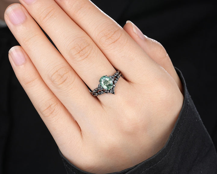 Gothic Oval Shape Moss Agate Engagement Ring Set, Black Rhodium Promise Ring, Punk Wedding Ring, Black Gold V Shape Curved Half Eternity - ShainJewelry