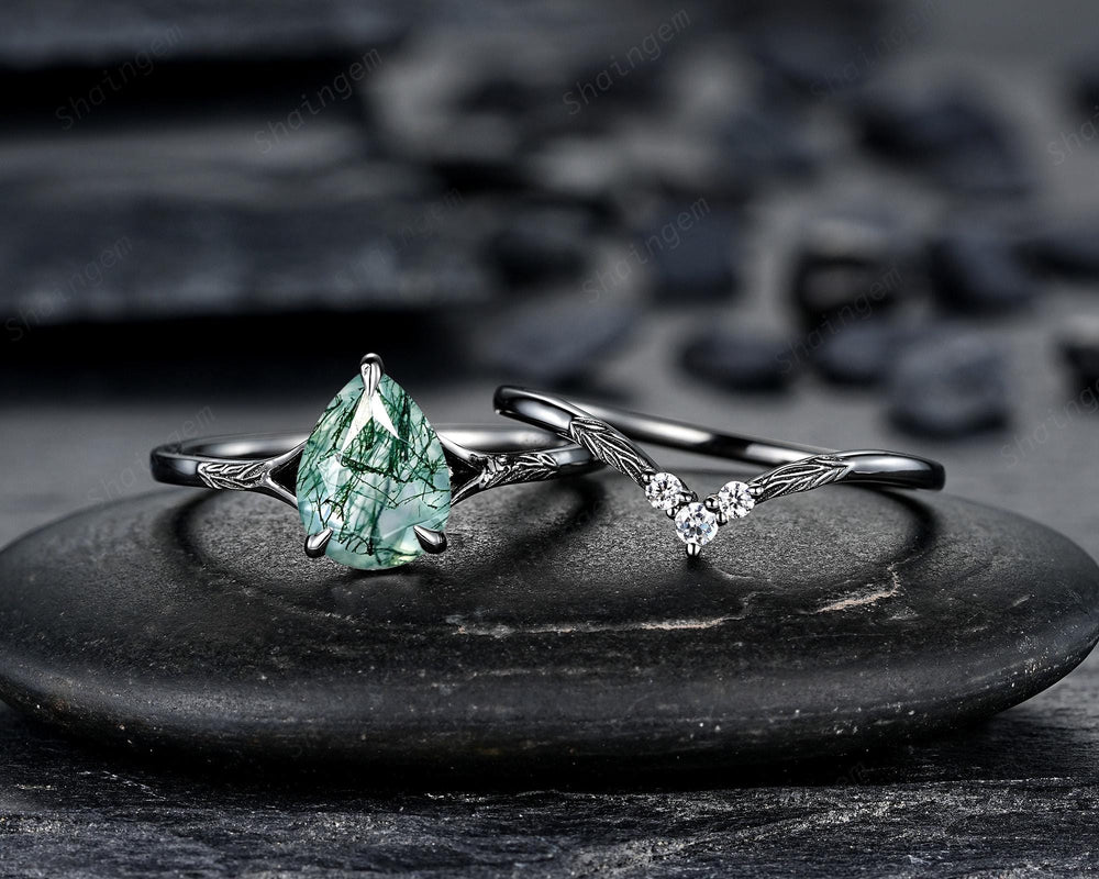 Gothic Pear Shape Moss Agate Leaf Engagement Ring Set, Goth Black Rhodium Promise Ring Punk Black Gold V Shape Curved Solitaire Wedding Ring - ShainJewelry