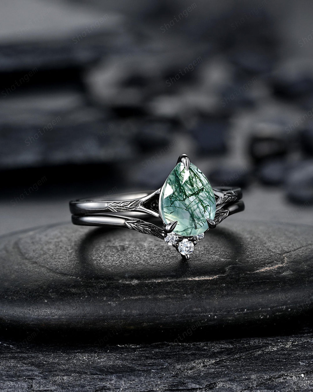Gothic Pear Shape Moss Agate Leaf Engagement Ring Set, Goth Black Rhodium Promise Ring Punk Black Gold V Shape Curved Solitaire Wedding Ring - ShainJewelry