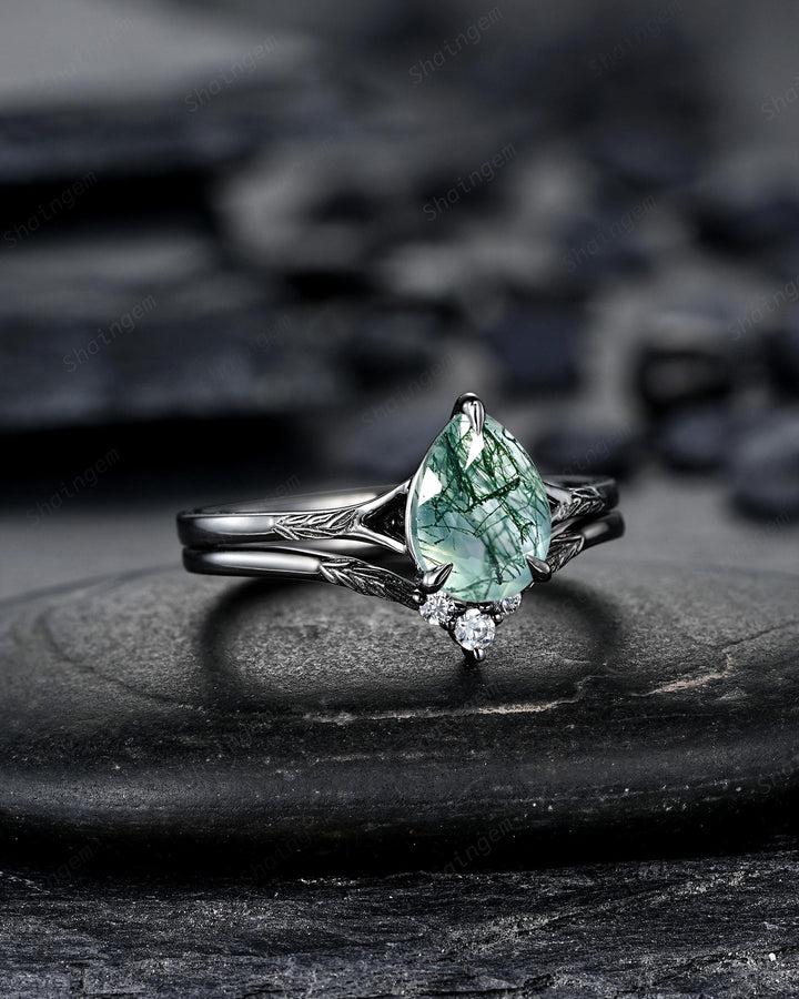 Gothic Pear Shape Moss Agate Leaf Engagement Ring Set, Goth Black Rhodium Promise Ring Punk Black Gold V Shape Curved Solitaire Wedding Ring - ShainJewelry
