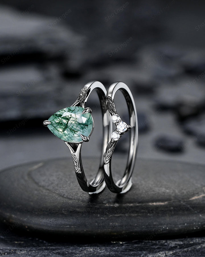 Gothic Pear Shape Moss Agate Leaf Engagement Ring Set, Goth Black Rhodium Promise Ring Punk Black Gold V Shape Curved Solitaire Wedding Ring - ShainJewelry