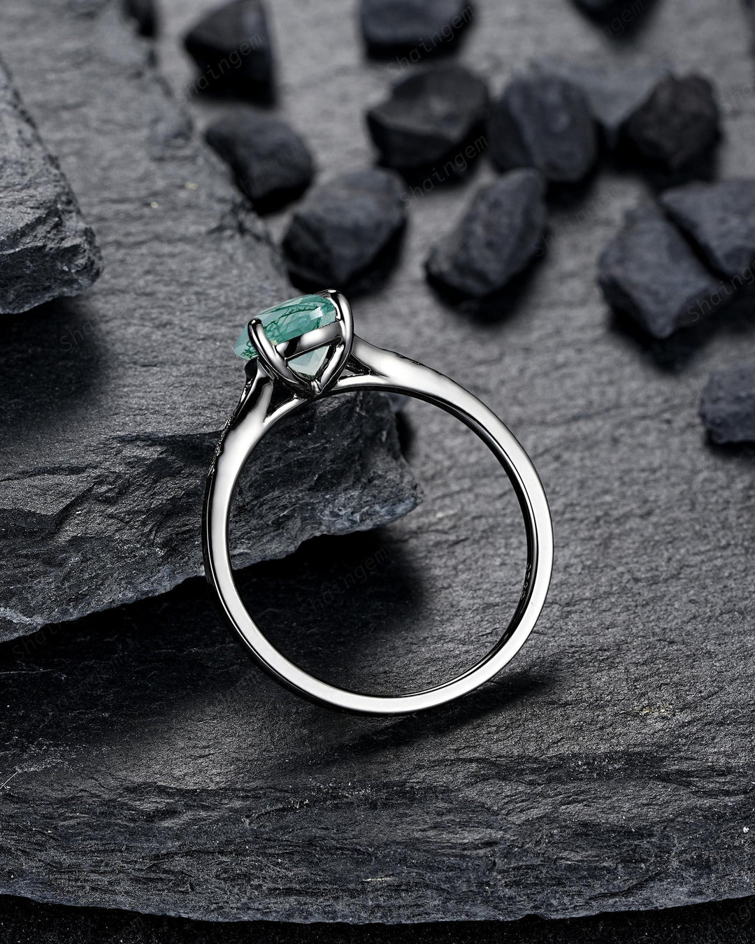 Gothic Pear Shape Moss Agate Leaf Engagement Ring Set, Goth Black Rhodium Promise Ring Punk Black Gold V Shape Curved Solitaire Wedding Ring - ShainJewelry