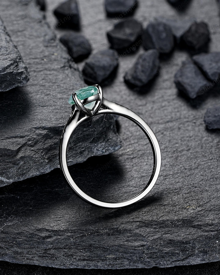 Gothic Pear Shape Moss Agate Leaf Engagement Ring Set, Goth Black Rhodium Promise Ring Punk Black Gold V Shape Curved Solitaire Wedding Ring - ShainJewelry