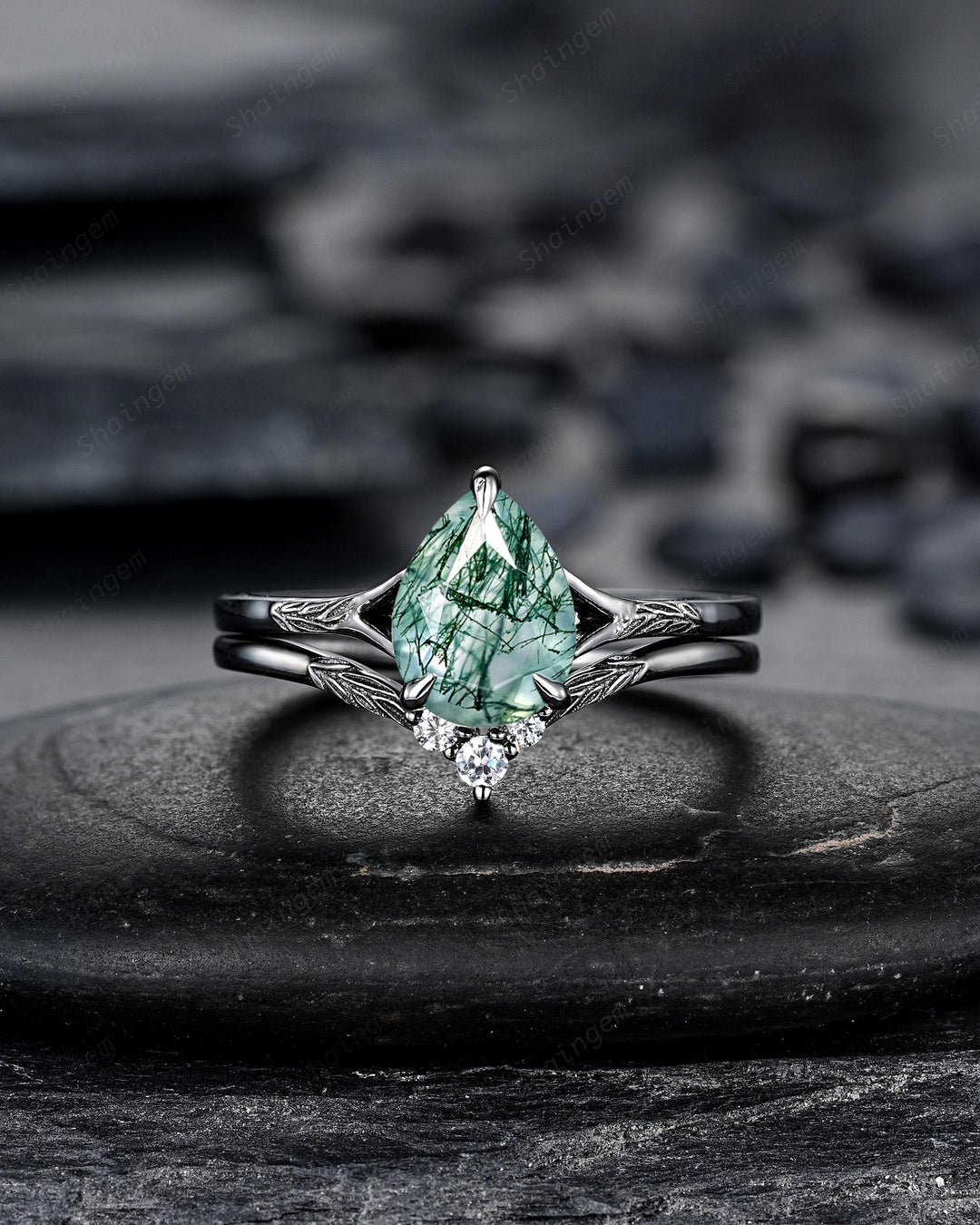 Gothic Pear Shape Moss Agate Leaf Engagement Ring Set, Goth Black Rhodium Promise Ring Punk Black Gold V Shape Curved Solitaire Wedding Ring - ShainJewelry