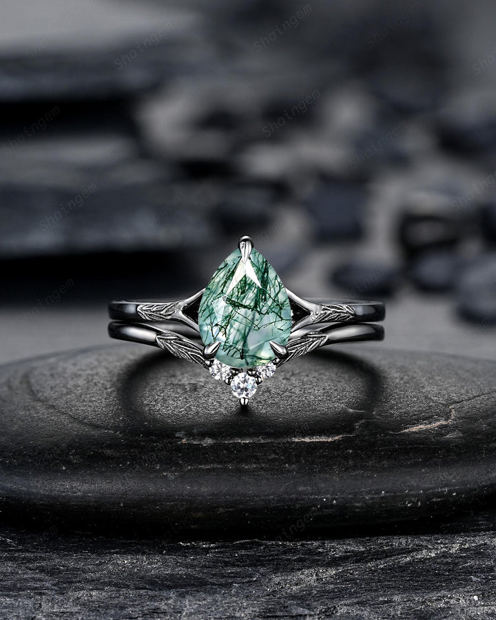 Gothic Pear Shape Moss Agate Leaf Engagement Ring Set, Goth Black Rhodium Promise Ring Punk Black Gold V Shape Curved Solitaire Wedding Ring - ShainJewelry