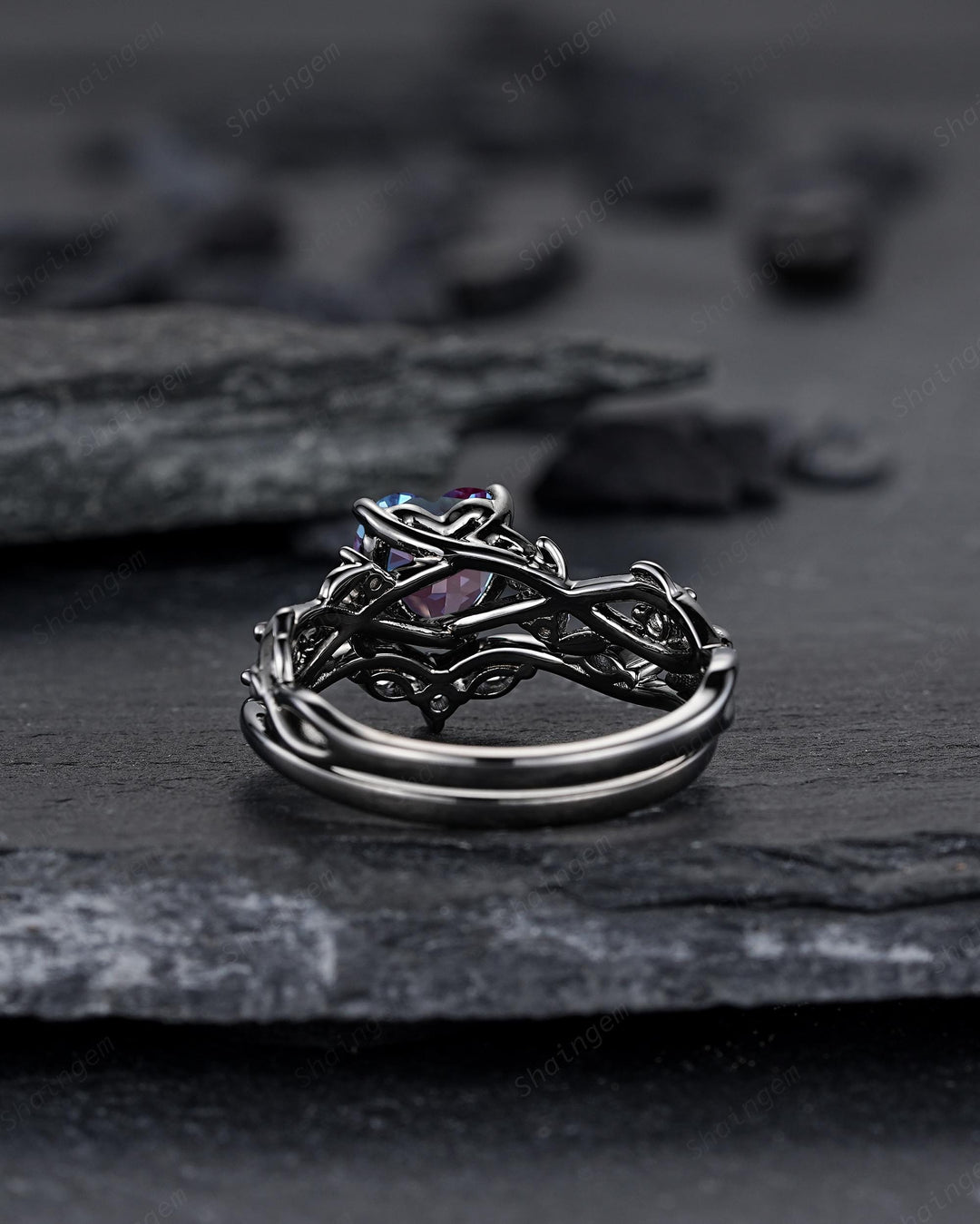 Gothic Black Gold Heart Shape Alexandrite Engagement Ring Set, Rhodium Black Love Promise Ring, Witchy Twig Branch Promise Anniversary Ring - ShainJewelry