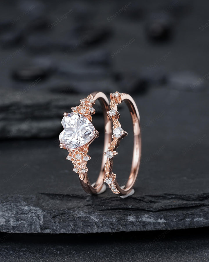 Vintage Heart Shape Moissanite Floral Engagement Ring, Rose Gold Leaf Wedding Set, Nature Inspired Flower Promise Ring, Twig Branch Rings - ShainJewelry