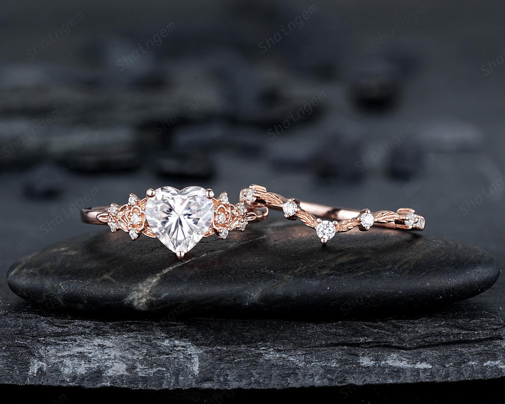 Vintage Heart Shape Moissanite Floral Engagement Ring, Rose Gold Leaf Wedding Set, Nature Inspired Flower Promise Ring, Twig Branch Rings - ShainJewelry
