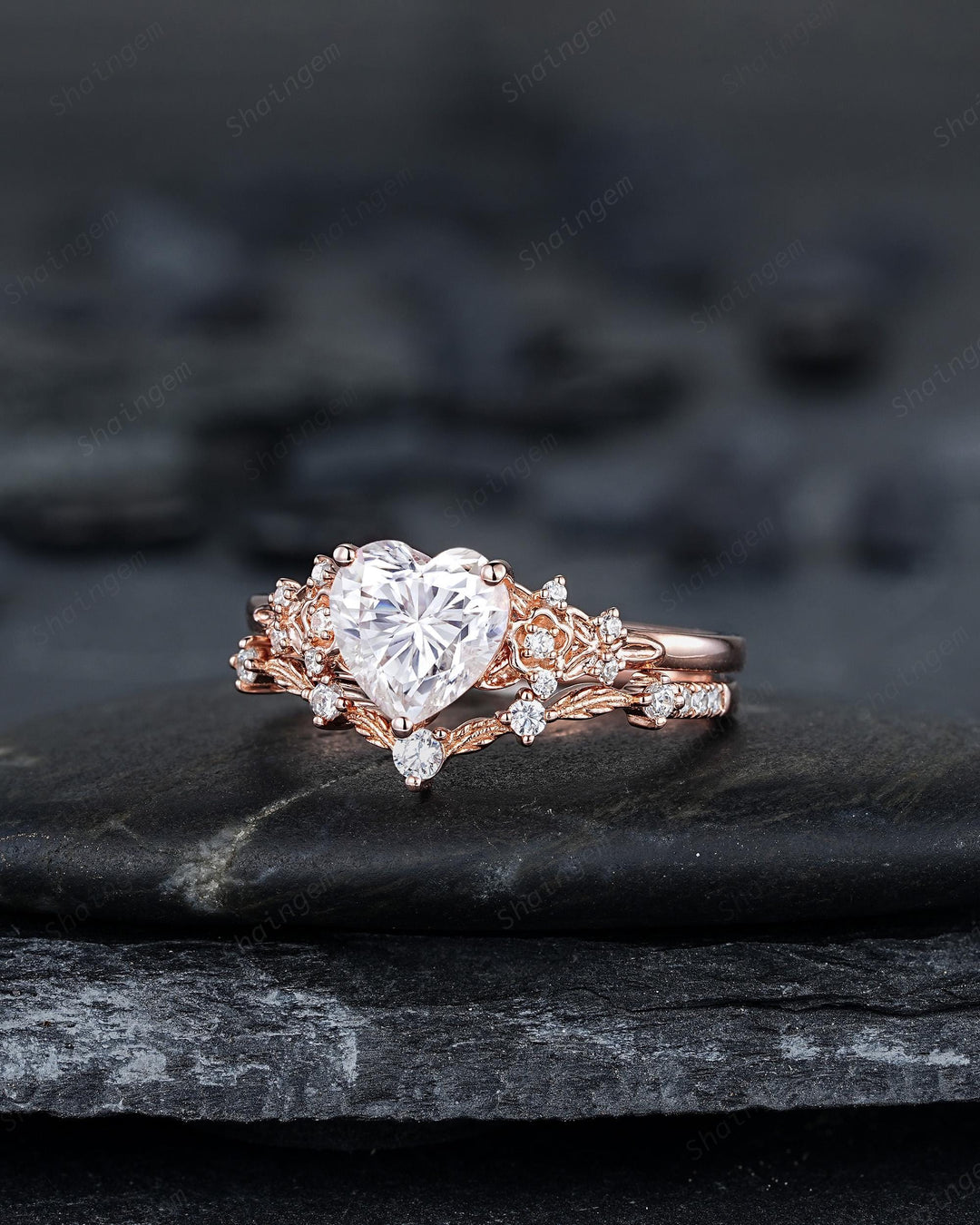 Vintage Heart Shape Moissanite Floral Engagement Ring, Rose Gold Leaf Wedding Set, Nature Inspired Flower Promise Ring, Twig Branch Rings - ShainJewelry
