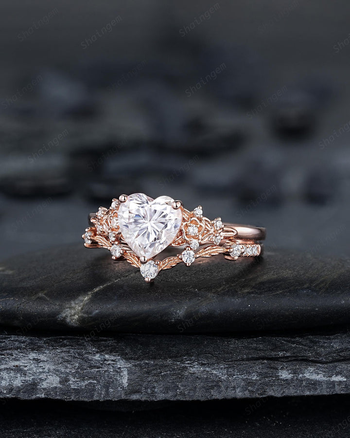Vintage Heart Shape Moissanite Floral Engagement Ring, Rose Gold Leaf Wedding Set, Nature Inspired Flower Promise Ring, Twig Branch Rings - ShainJewelry
