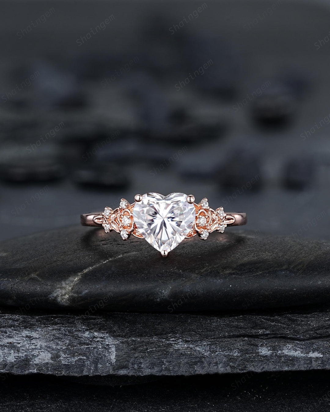 Vintage Heart Shape Moissanite Floral Engagement Ring, Rose Gold Leaf Wedding Set, Nature Inspired Flower Promise Ring, Twig Branch Rings - ShainJewelry