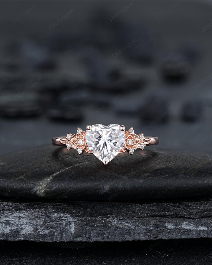 Vintage Heart Shape Moissanite Floral Engagement Ring, Rose Gold Leaf Wedding Set, Nature Inspired Flower Promise Ring, Twig Branch Rings - ShainJewelry
