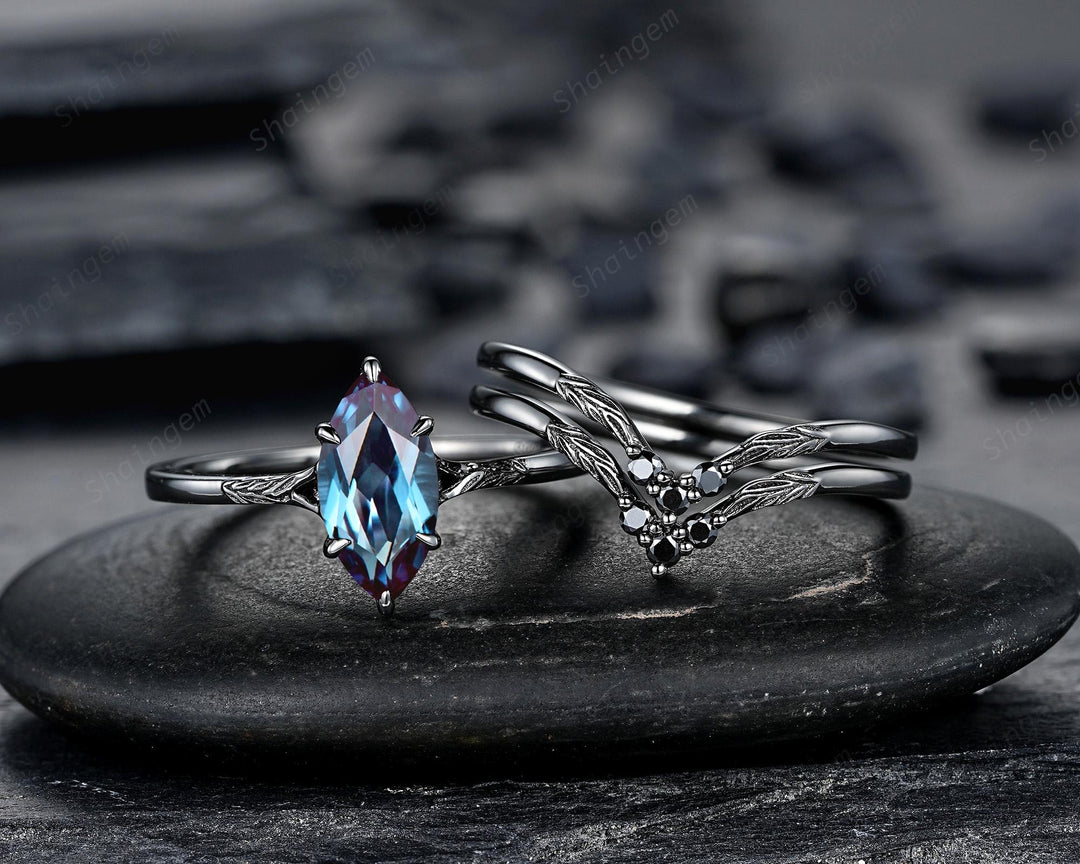 3PCS Marquise Cut Alexandrite Engagement Ring Set, Gothic Bridal Set, Black Rhodium Wedding Set, Black Promise Ring, June Birthstone - ShainJewelry