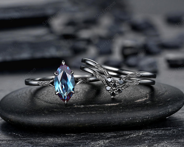 3PCS Marquise Cut Alexandrite Engagement Ring Set, Gothic Bridal Set, Black Rhodium Wedding Set, Black Promise Ring, June Birthstone - ShainJewelry
