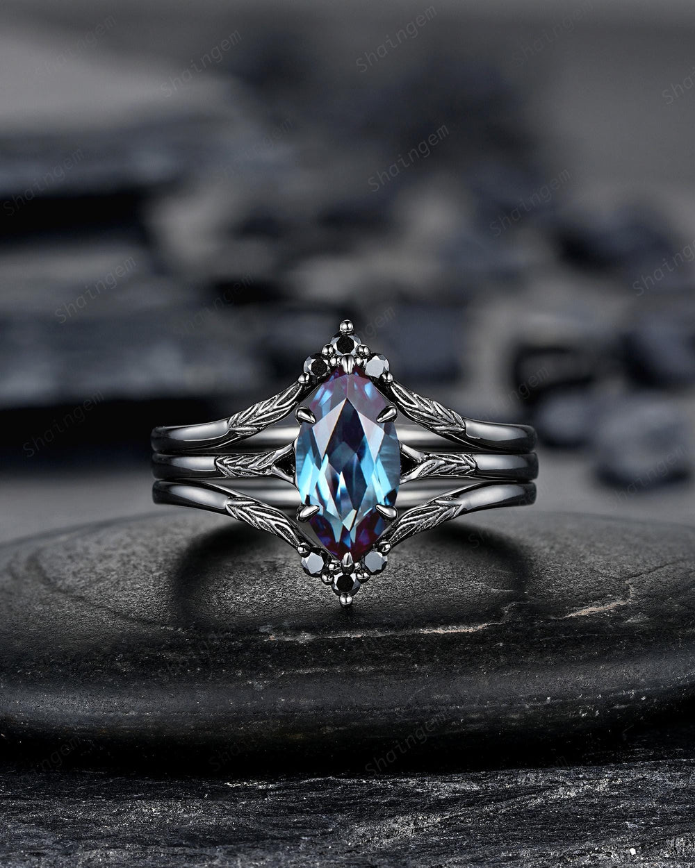3PCS Marquise Cut Alexandrite Engagement Ring Set, Gothic Bridal Set, Black Rhodium Wedding Set, Black Promise Ring, June Birthstone - ShainJewelry