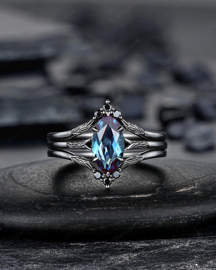 3PCS Marquise Cut Alexandrite Engagement Ring Set, Gothic Bridal Set, Black Rhodium Wedding Set, Black Promise Ring, June Birthstone - ShainJewelry