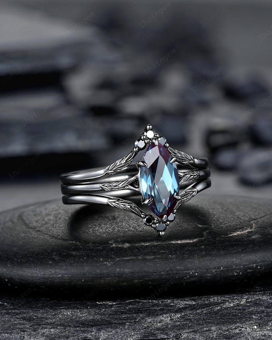 3PCS Marquise Cut Alexandrite Engagement Ring Set, Gothic Bridal Set, Black Rhodium Wedding Set, Black Promise Ring, June Birthstone - ShainJewelry