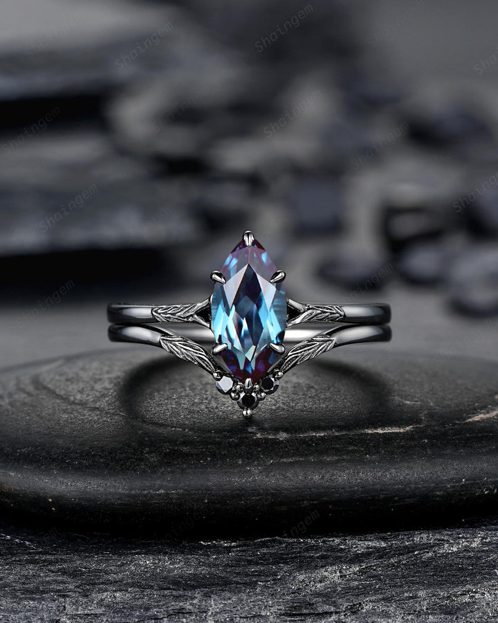 3PCS Marquise Cut Alexandrite Engagement Ring Set, Gothic Bridal Set, Black Rhodium Wedding Set, Black Promise Ring, June Birthstone - ShainJewelry