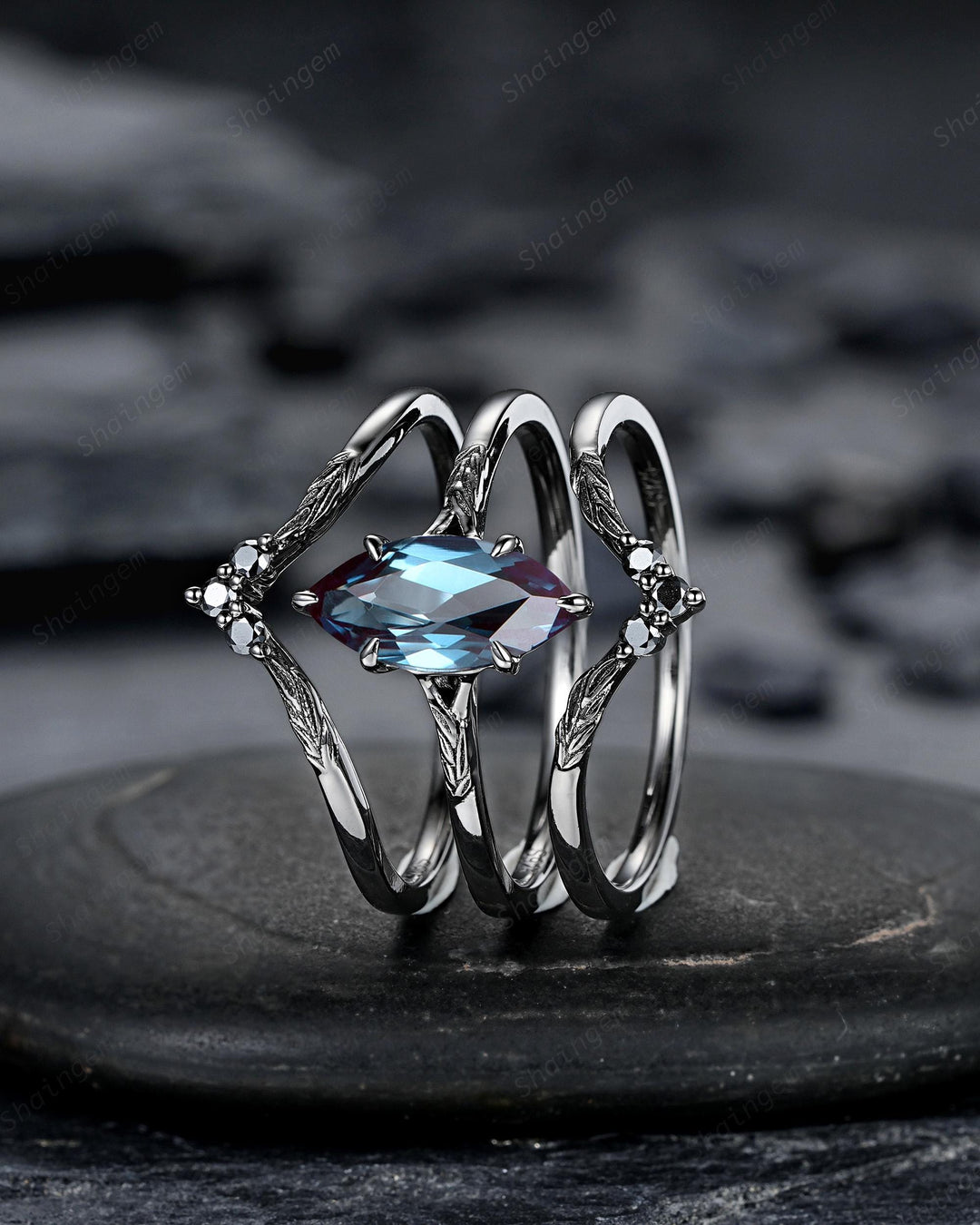 3PCS Marquise Cut Alexandrite Engagement Ring Set, Gothic Bridal Set, Black Rhodium Wedding Set, Black Promise Ring, June Birthstone - ShainJewelry