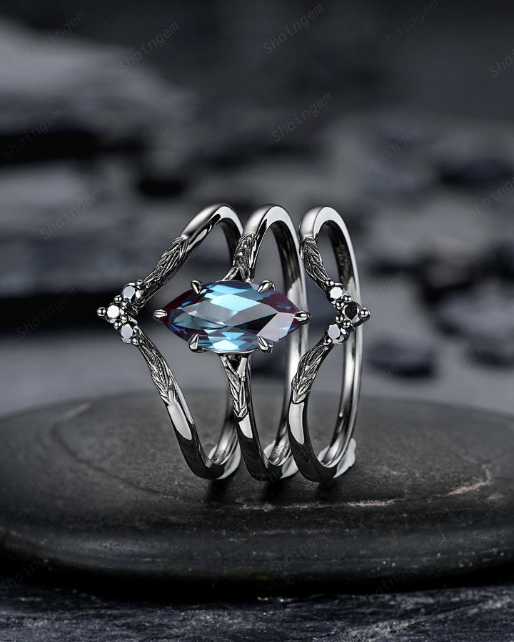 3PCS Marquise Cut Alexandrite Engagement Ring Set, Gothic Bridal Set, Black Rhodium Wedding Set, Black Promise Ring, June Birthstone - ShainJewelry